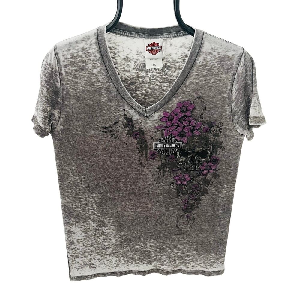 Harley Davidson Shrefflers Women’s XL Skull Floral Burnout V Neck T Shirt USA